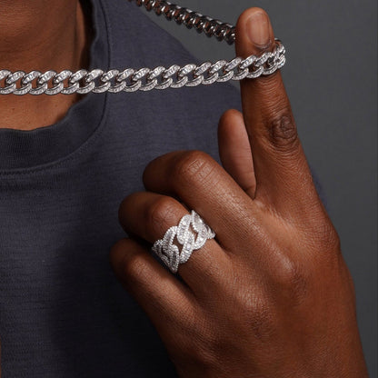 Men's Sterling 925 Sterling Silver Rhodium CZ Encrusted Chain Link Ring - GMR00371