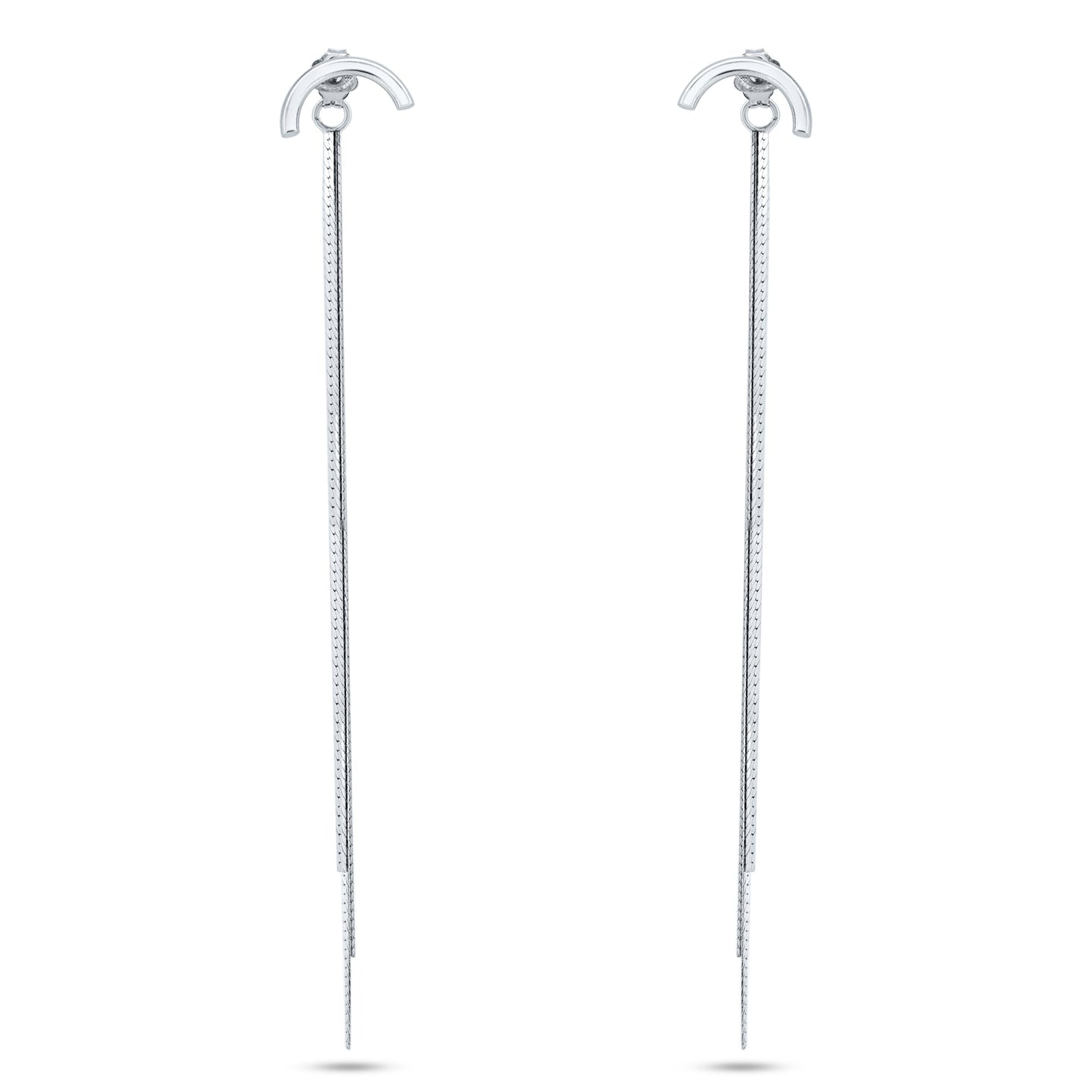 Rhodium Plated 925 Sterling Silver Multi Herringbone Dangling Crescent Stud Earrings - ECE00066RH