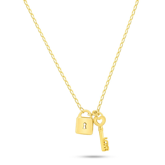 Gold Plated 925 Sterling Silver Love Key and Lock Necklace - ECN00070GP