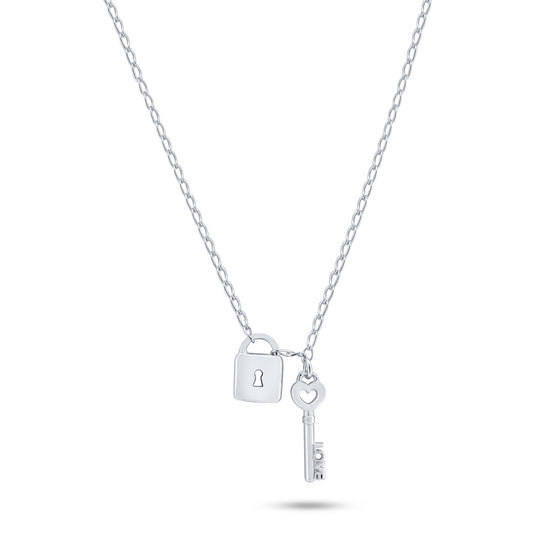 Rhodium Plated 925 Sterling Silver Love Key and Lock Necklace - ECN00070RH