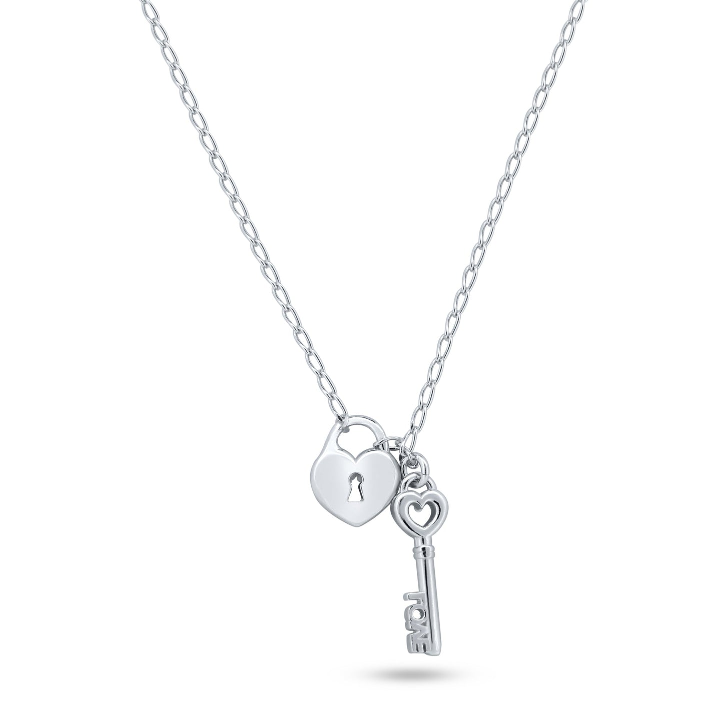 Rhodium Plated 925 Sterling Silver Medium Love Key and Heart Lock Necklace - ECN00072RH