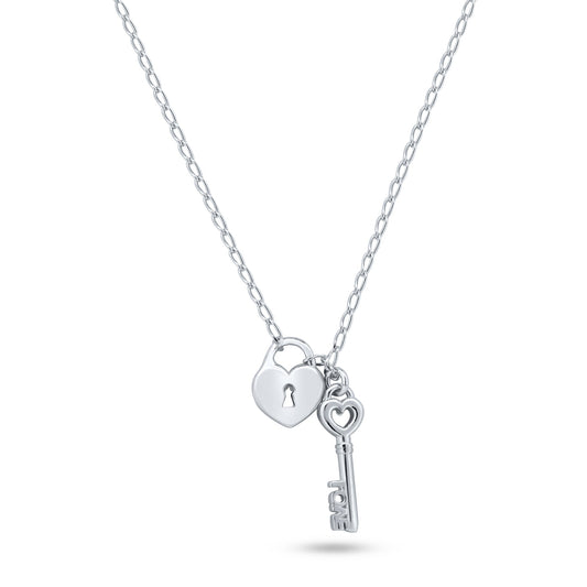 Rhodium Plated 925 Sterling Silver Medium Love Key and Heart Lock Necklace - ECN00072RH