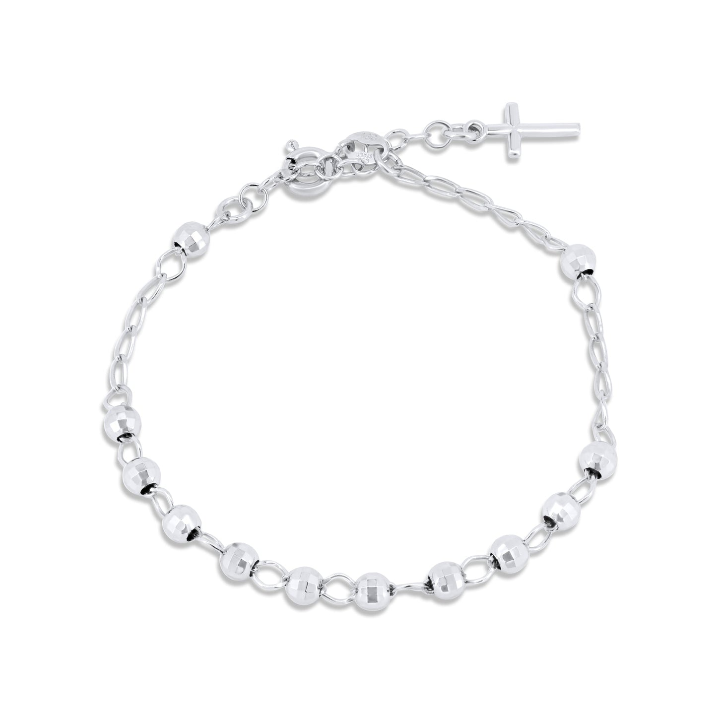 Rhodium Plated 925 Sterling Silver DC Bead Cross Rosary Bracelet - GCB00004-RH