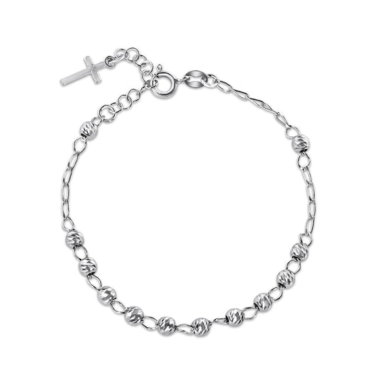 Rhodium Plated 925 Sterling Silver DC Bead Cross Rosary Bracelet - GCB00005-RH