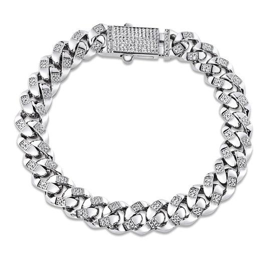 Rhodium Plated 925 Sterling Silver Cuban Clear CZ 11.3mm Bracelet - GMB00106