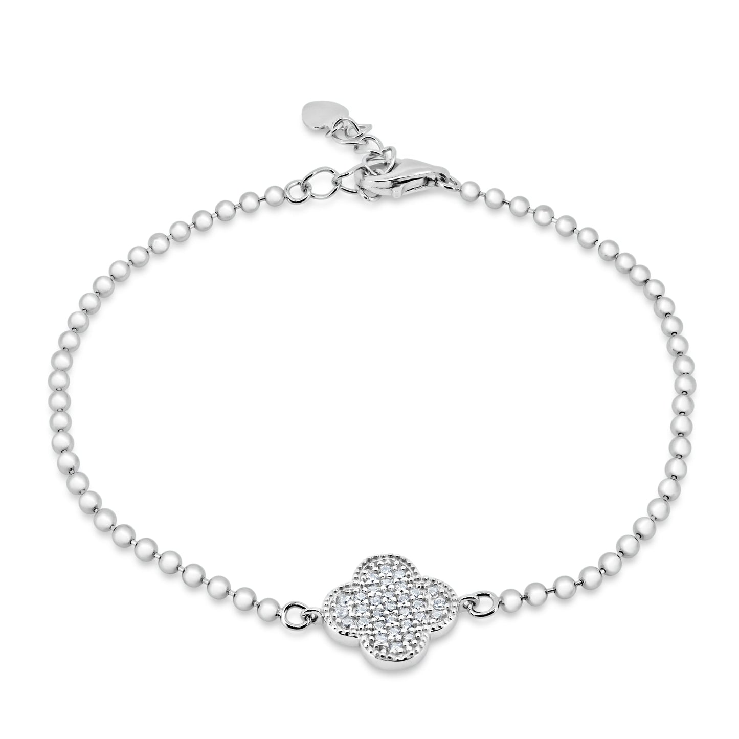 Rhodium Plated 925 Sterling Silver Bead Flower CZ Chain Bracelet - GMB00109