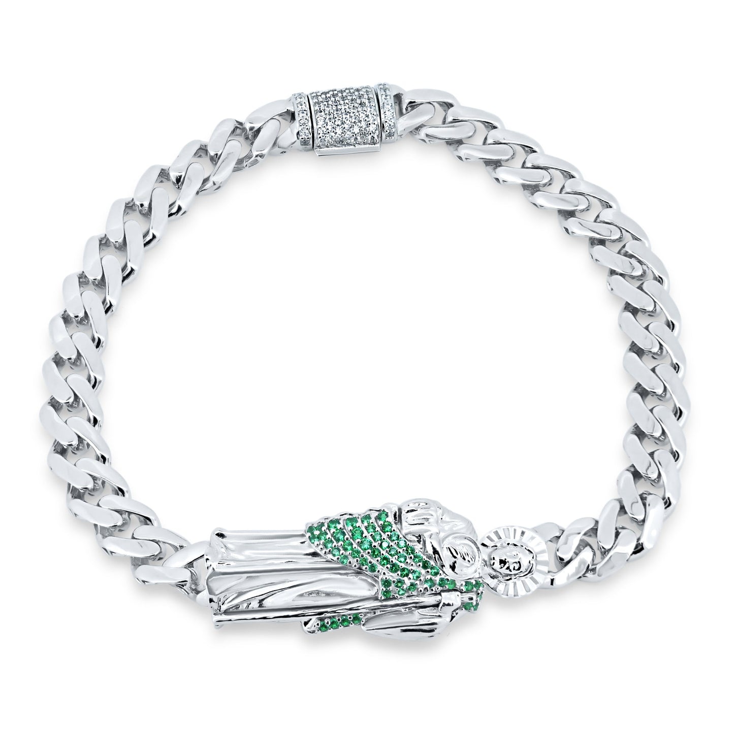 Rhodium Plated 925 Sterling Silver St Jude Green CZ Cuban 6.5mm Bracelet - GMB00117