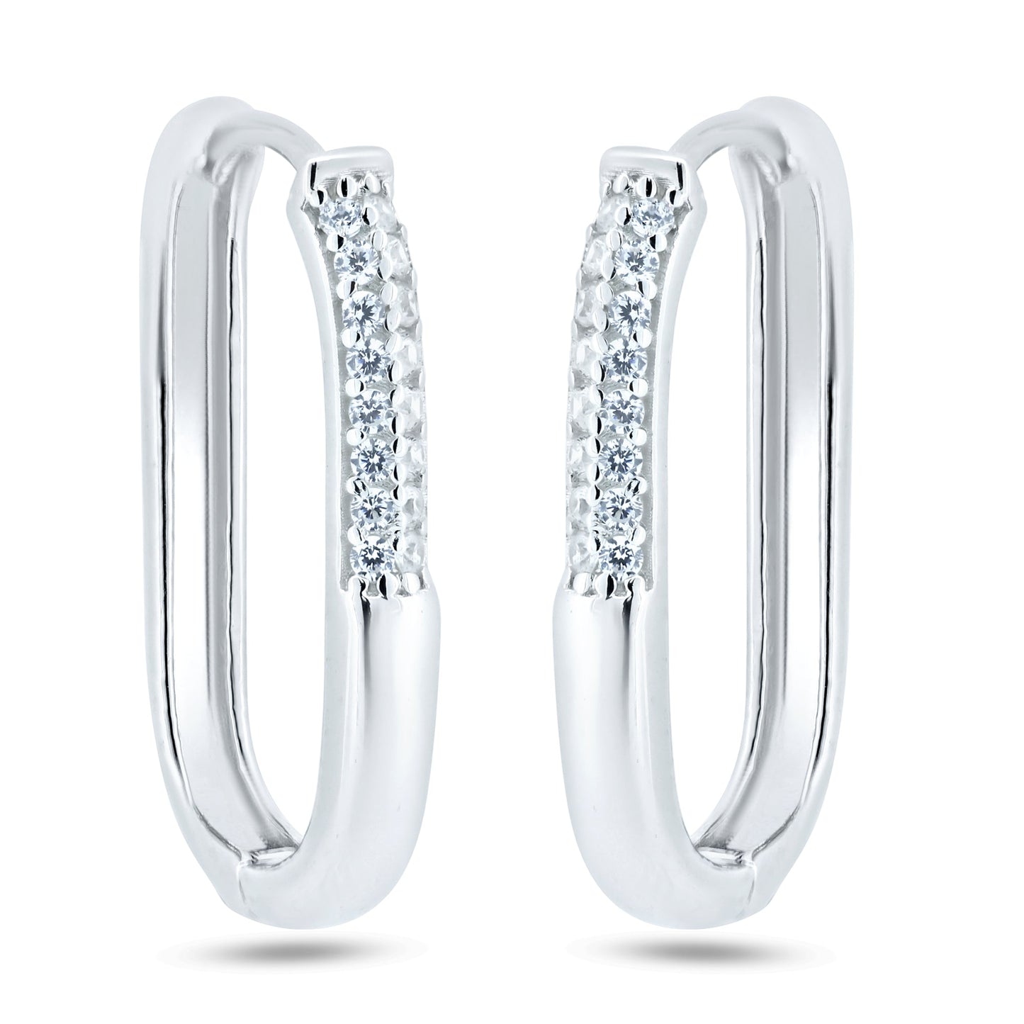 Rhodium Plated 925 Sterling Silver CZ Oval Hoop Earrings - GME00124