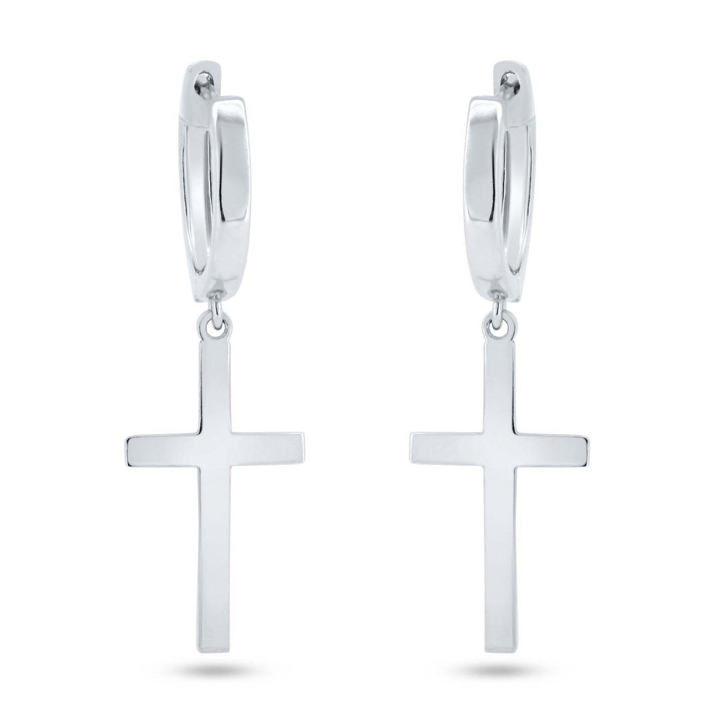 Rhodium Plated 925 Sterling Silver Dangling Cross 13.4mm Hoop Huggie Earrings - GME00146
