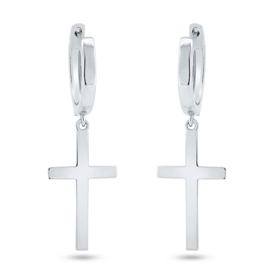 Rhodium Plated 925 Sterling Silver Dangling Cross 13.4mm Hoop Huggie Earrings - GME00146