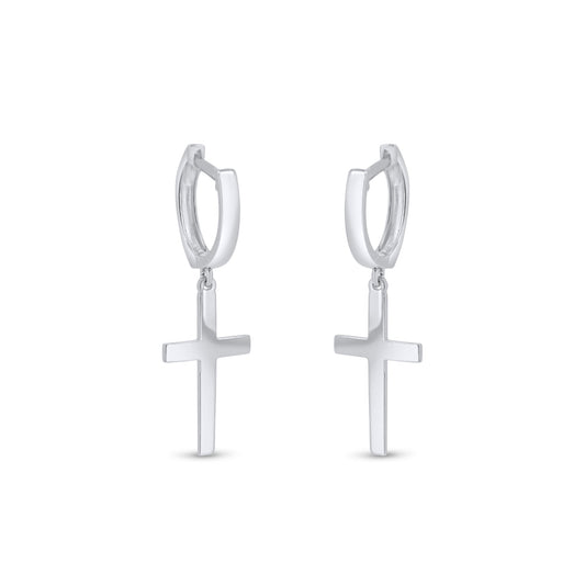 Rhodium Plated 925 Sterling Silver Cross 10mm Hoop Huggie Earrings - GME00147