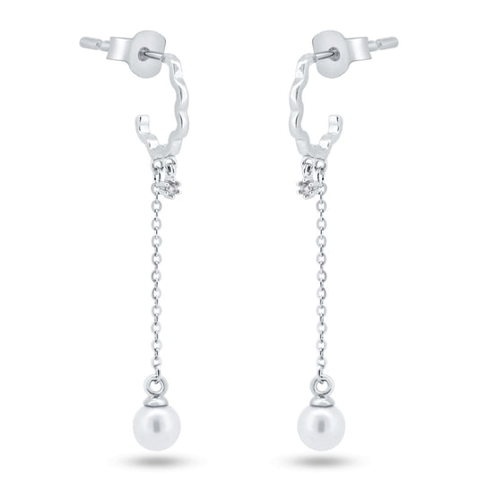 Sterling Silver Rhodium Plated Dangling Pearl Semi Hoop CZ Earrings - GME00149