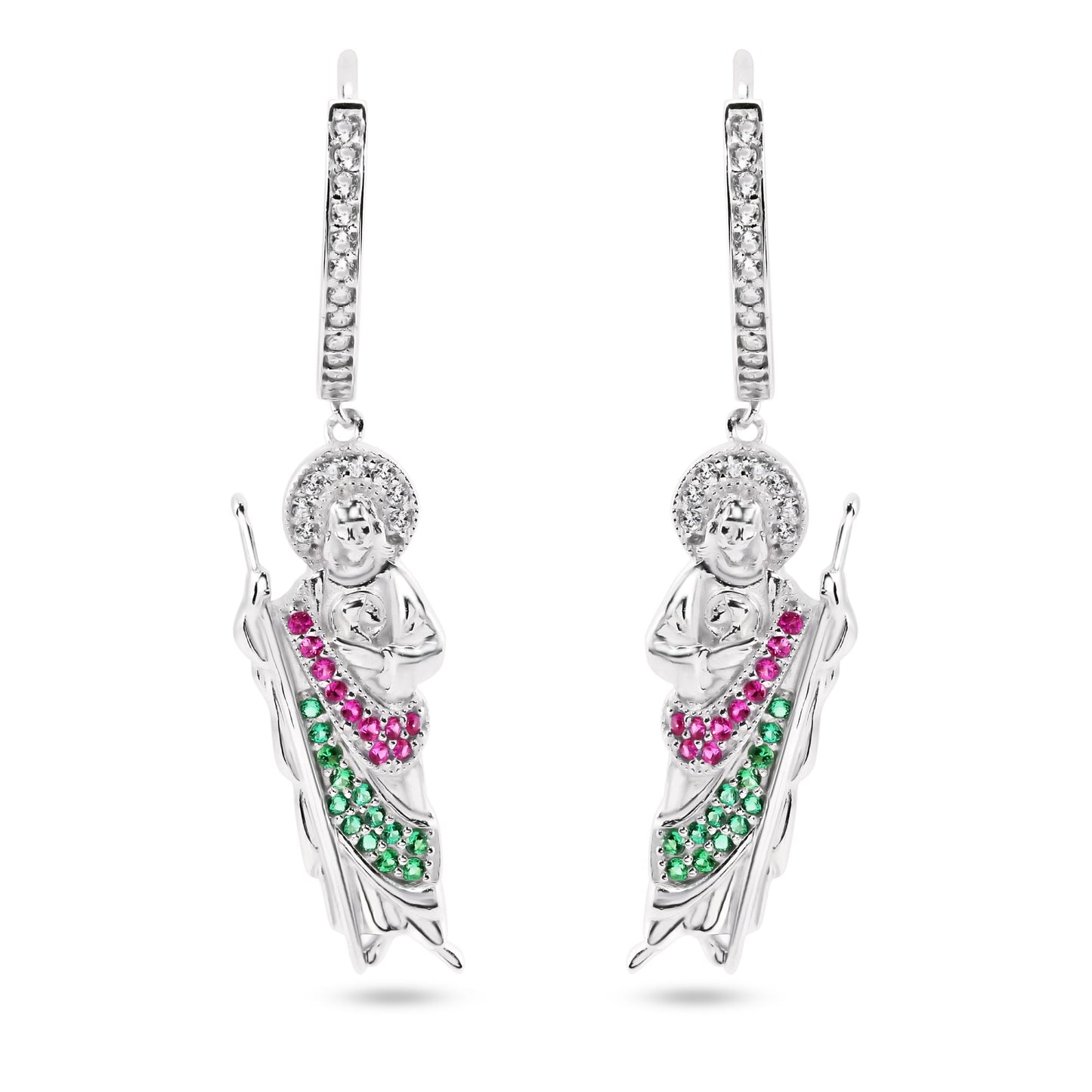 Sterling Silver Rhodium Plated Dangling St Jude Hoop Clear CZ Earrings - GME00153