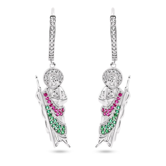 Sterling Silver Rhodium Plated Dangling St Jude Hoop Clear CZ Earrings - GME00153