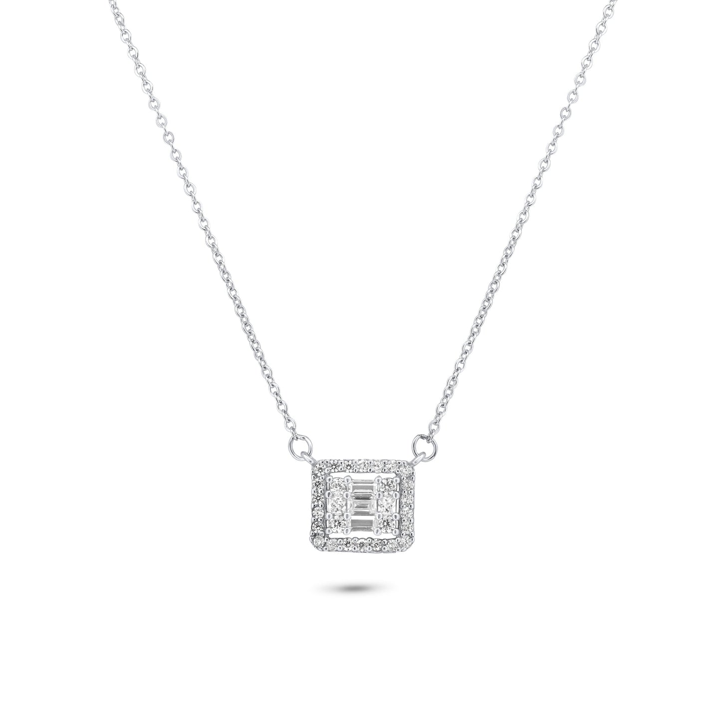 Rhodium Plated 925 Sterling Silver Round Baguette CZ Square Necklace - GMN00200