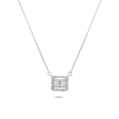 Rhodium Plated 925 Sterling Silver Round Baguette CZ Square Necklace - GMN00200