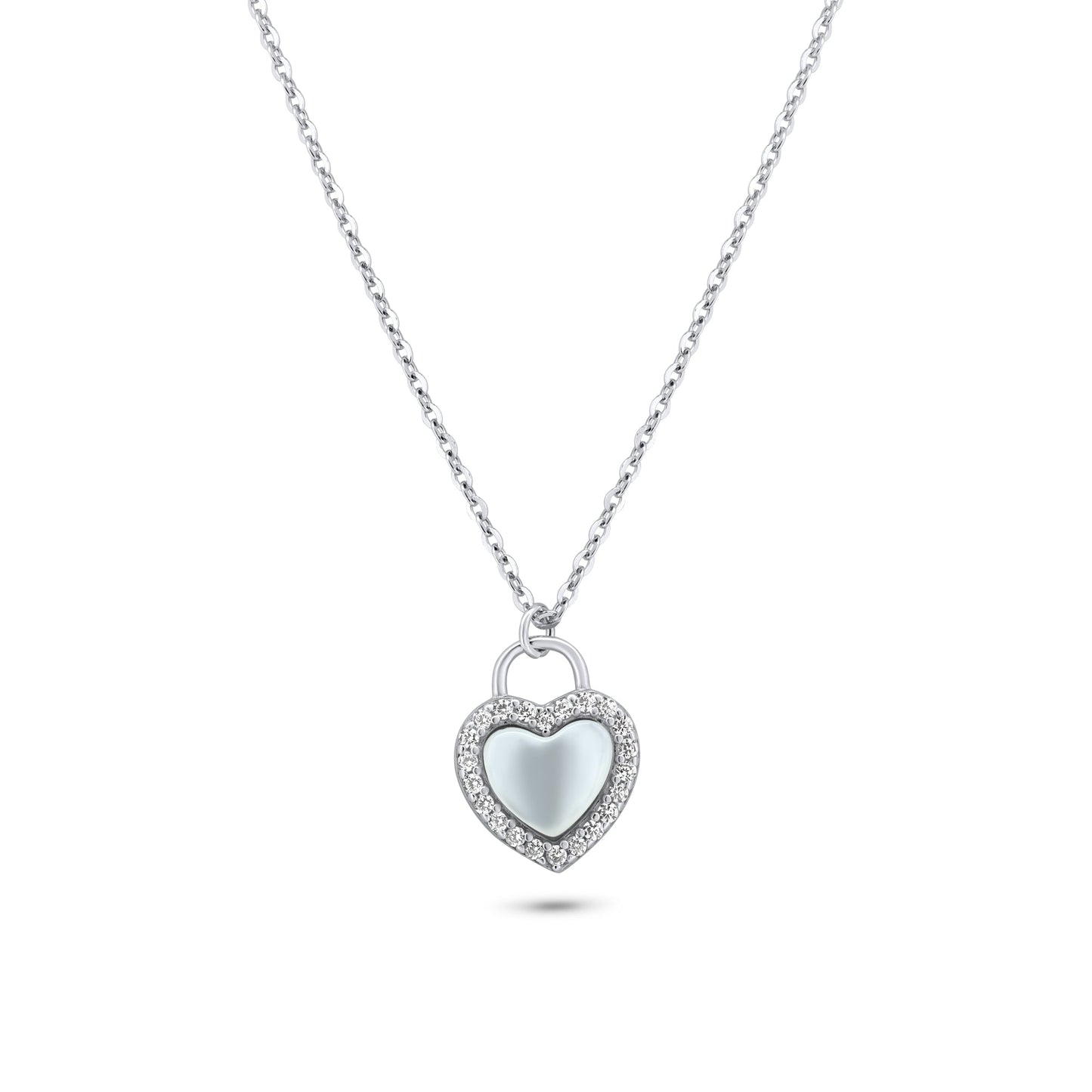 Rhodium Plated 925 Sterling Silver Heart CZ Mother of Pearl Necklace - GMN00203