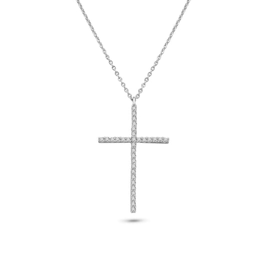 Rhodium Plated 925 Sterling Silver Cross CZ Necklace - GMN00204