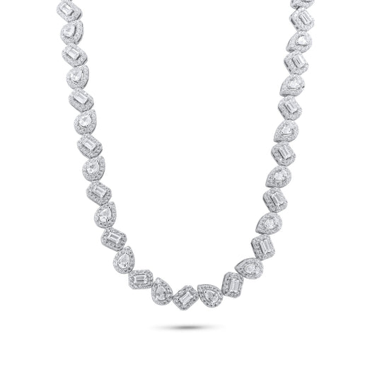 Rhodium Plated 925 Sterling Silver Teardrop and Baguette CZ Stone Encrusted 7.4mm Adjustable Tennis Necklace - GMN00205
