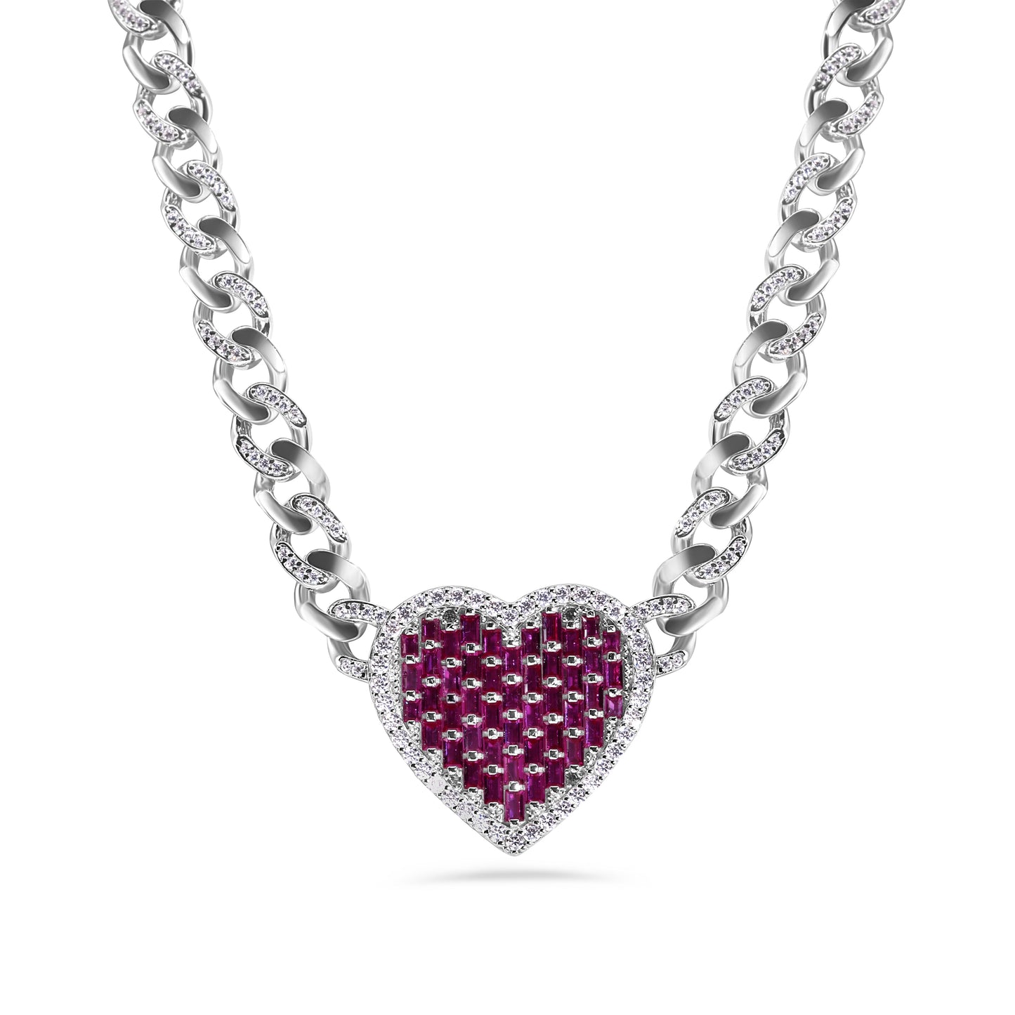 Rhodium Plated 925 Sterling Silver Heart Baguette Pink and Clear CZ Encrusted Miami Cuban Link 7mm Chain - GMN00215