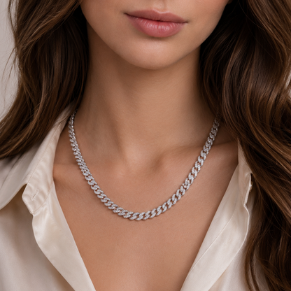 Rhodium Plated 925 Sterling Silver Miami Curb Link Clear CZ 7mm Chain - GMN00247
