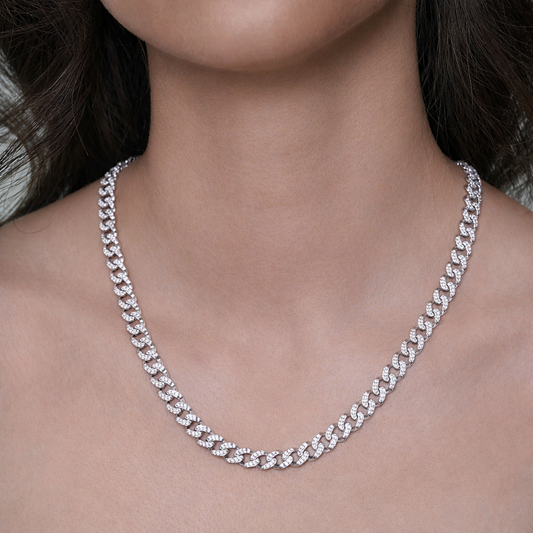 Rhodium Plated 925 Sterling Silver Miami Curb Link Clear CZ 7mm Chain - GMN00247