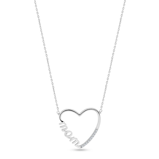 Rhodium Plated 925 Sterling Silver Clear CZ Open Heart MOM Necklace - GMN00207