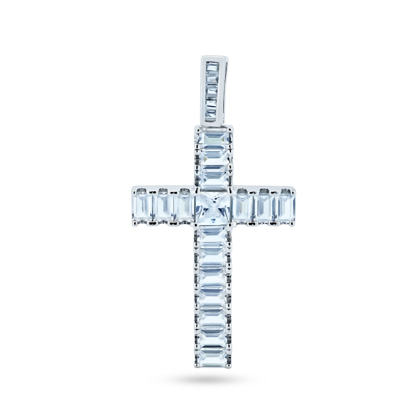 Rhodium Plated 925 Sterling Silver CZ Baguette Cross Pendant - GMP00108