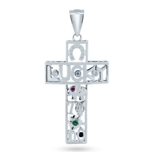 Rhodium Plated 925 Sterling Silver Lucky Cross CZ Pendant - GMP00111