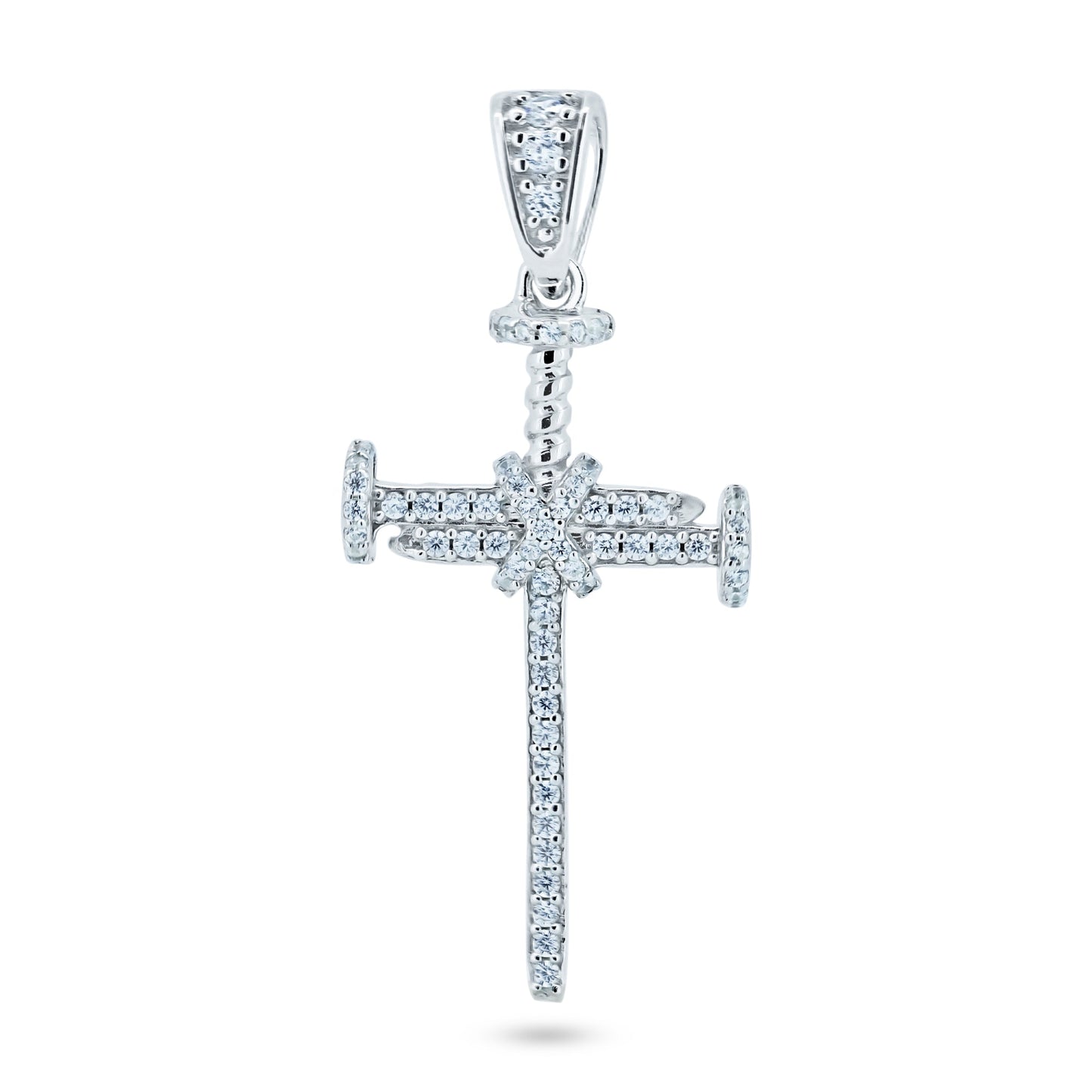 Rhodium Plated 925 Sterling Silver CZ Small Nail Cross Pendant - GMP00112