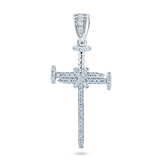 Rhodium Plated 925 Sterling Silver CZ Small Nail Cross Pendant - GMP00112