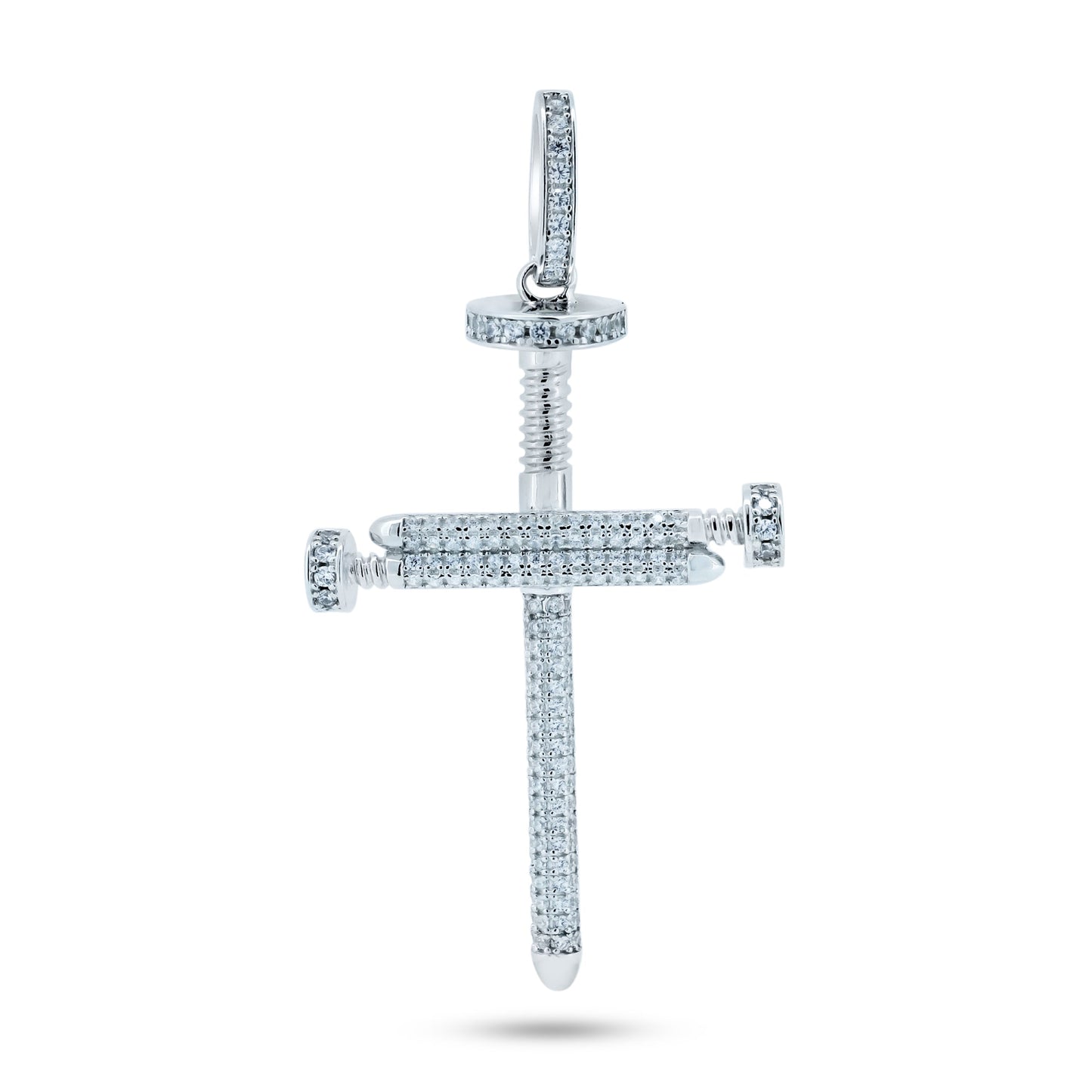 Rhodium Plated 925 Sterling Silver CZ Large Nail Cross Pendant - GMP00113