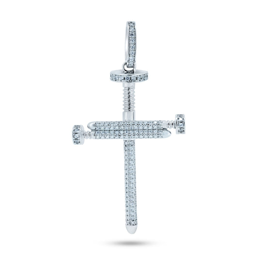 Rhodium Plated 925 Sterling Silver CZ Large Nail Cross Pendant - GMP00113