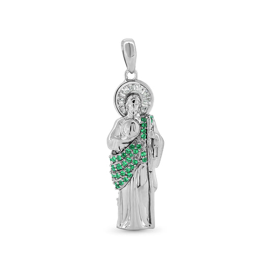 Rhodium Plated 925 Sterling Silver Green CZ St Jude Pendant - GMP00128