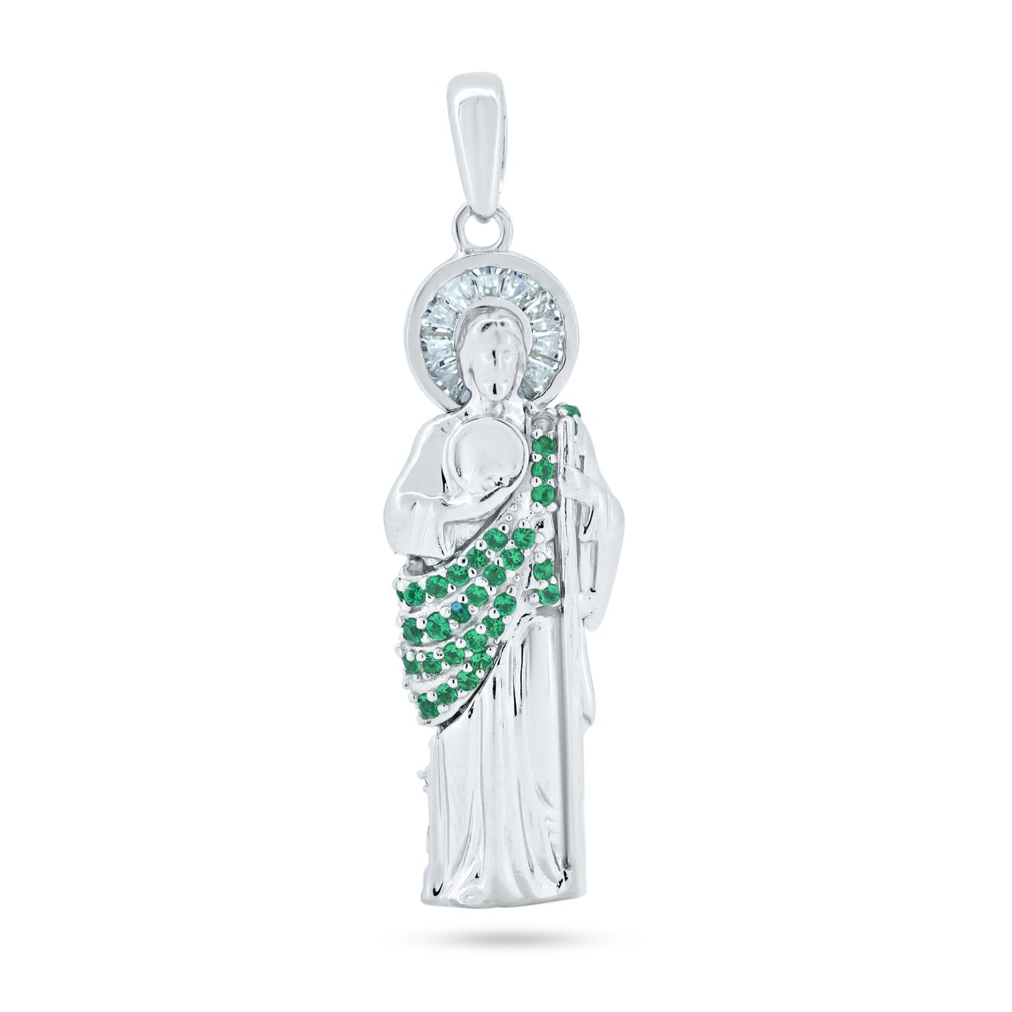 Rhodium Plated 925 Sterling Silver Green CZ St Jude Pendant - GMP00128