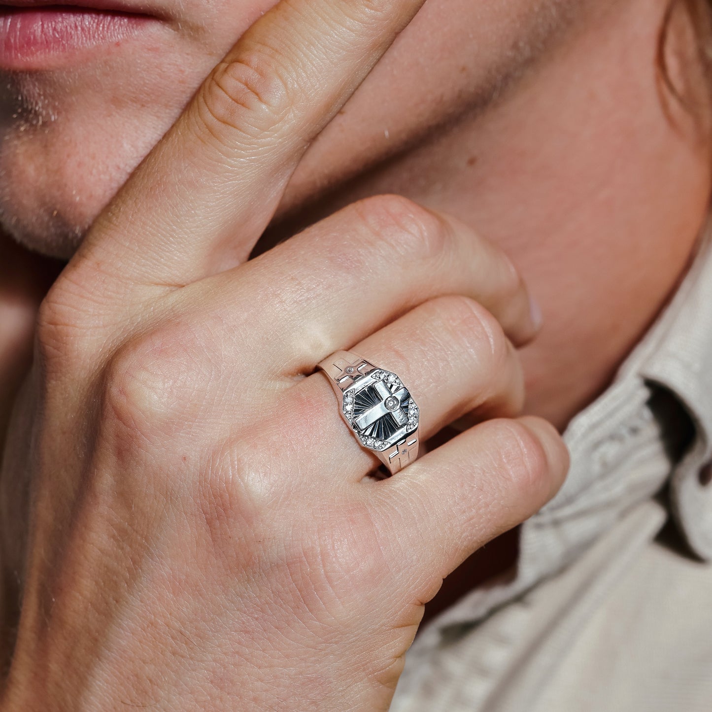 Rhodium Plated 925 Sterling Silver Moissanite or CZ Men's Cross CZ Ring - MGMR00318 | GMR00318