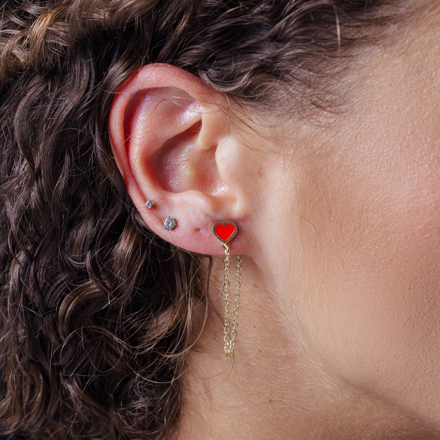 Gold Plated 925 Sterling Silver Dangling Heart Red Enamel Stud Earrings - ITE00096-GP