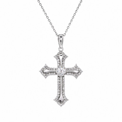 Rhodium Plated 925 Sterling Silver Lab Grown Ornate Cross Pave Filigree Necklace - LGMN00025
