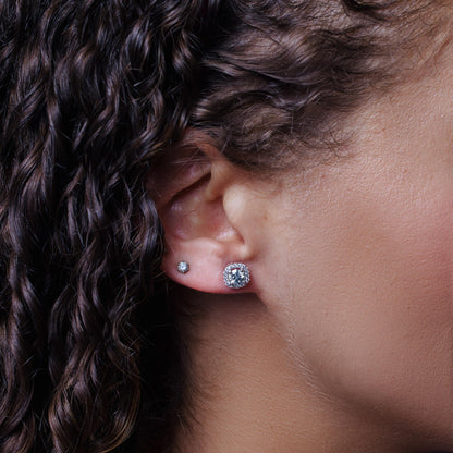 925 Sterling Silver Moissanite 8mm Halo Push Back Earring - MBGE00006