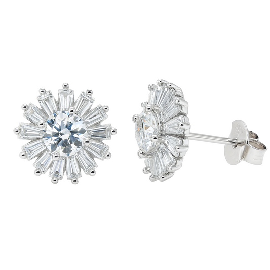 Rhodium Plated 925 Sterling Silver Moissanite Radiant Burst 11.5mm Stud Earring - MDGE00013