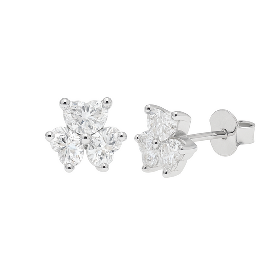 Rhodium Plated 925 Sterling Silver Moissanite Three Stone Flower 6.5mm Stud Earring - MDGE00015