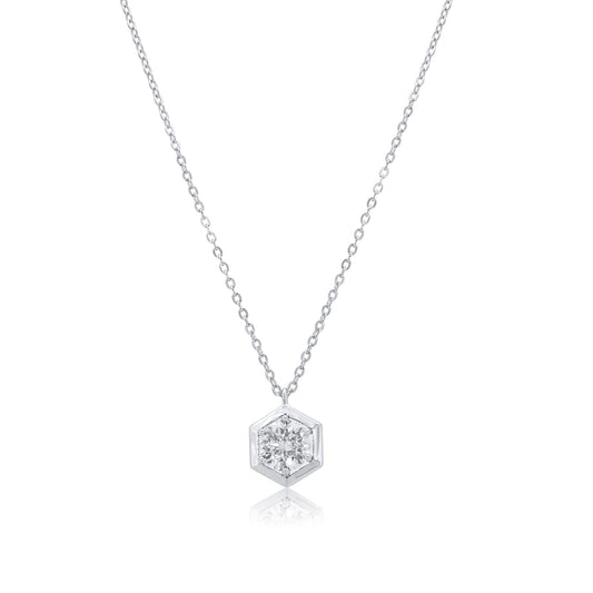 Rhodium Plated 925 Sterling Silver Round Moissanite Hexagon Frame Adjustable Pendant Necklace- MDGP00001