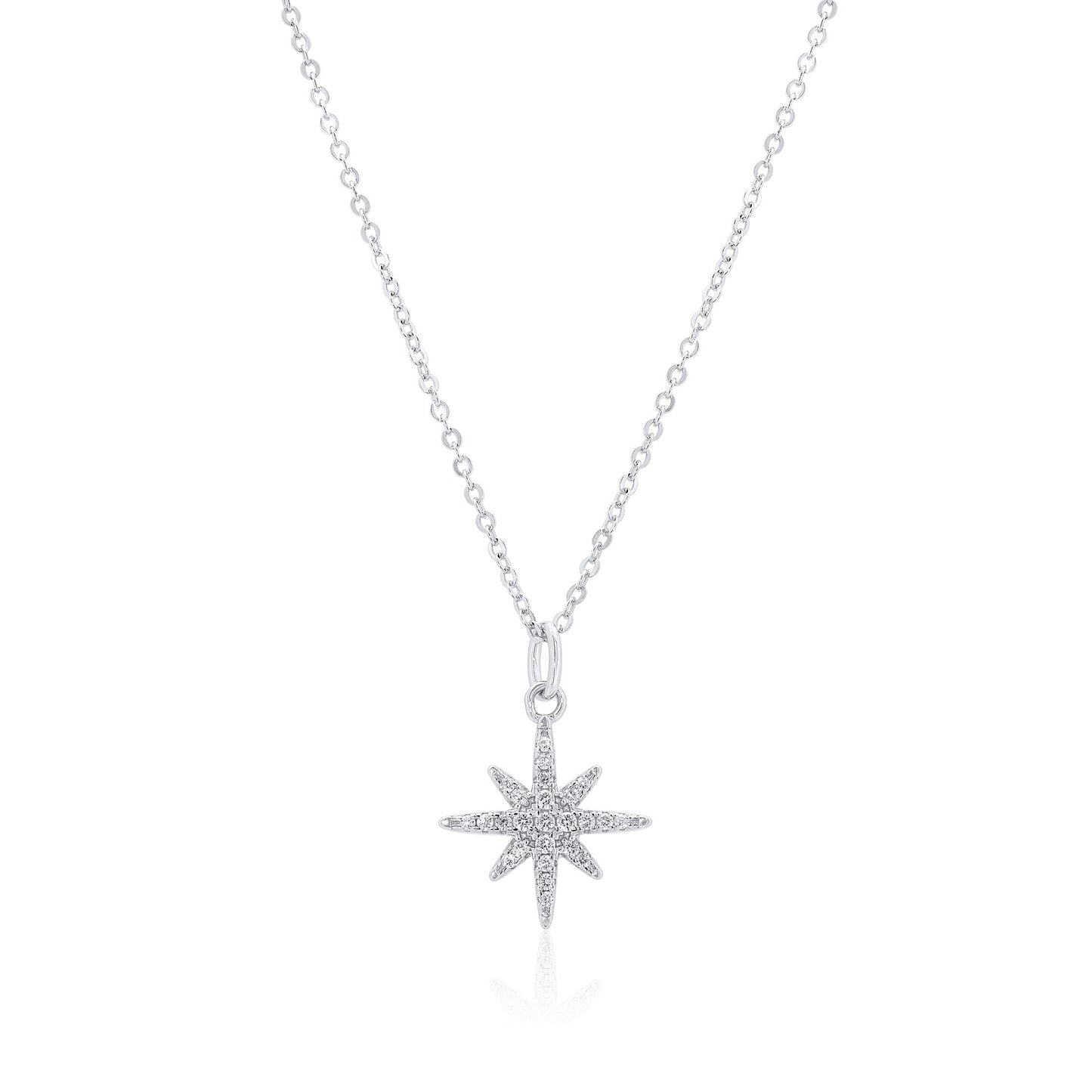 Rhodium Plated 925 Sterling Silver 14.5mm North Star Moissanite Studded Adjustable Pendant Necklace- MDGP00002