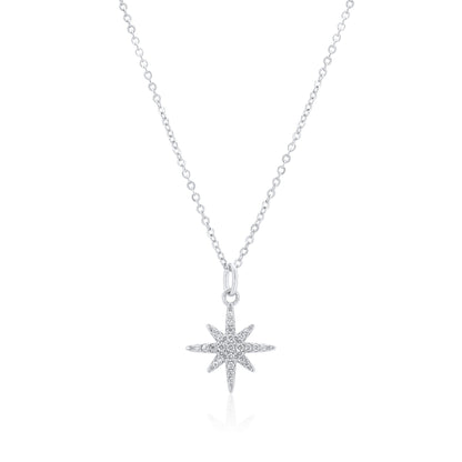 Rhodium Plated 925 Sterling Silver 14.5mm North Star Moissanite Studded Adjustable Pendant Necklace- MDGP00002