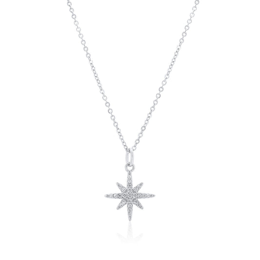 Rhodium Plated 925 Sterling Silver 14.5mm North Star Moissanite Studded Adjustable Pendant Necklace- MDGP00002