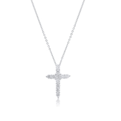 Rhodium Plated 925 Sterling Silver 17mm x 23.5mm Cross Moissanite Studded Adjustable Pendant Necklace - MDGP00004