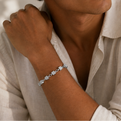 Rhodium Plated 925 Sterling Silver Moissanite Dice Charm Bracelet - MGMB00117 | MGMN00035
