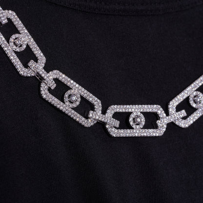 Rhodium Plated 925 Sterling Silver Moissanite Geometric Link Pave 11mm Necklace - MGMN00009