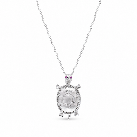 Rhodium Plated 925 Sterling Silver Clear and Red Moissanite Turtle Pendant Necklace - MGMN00030