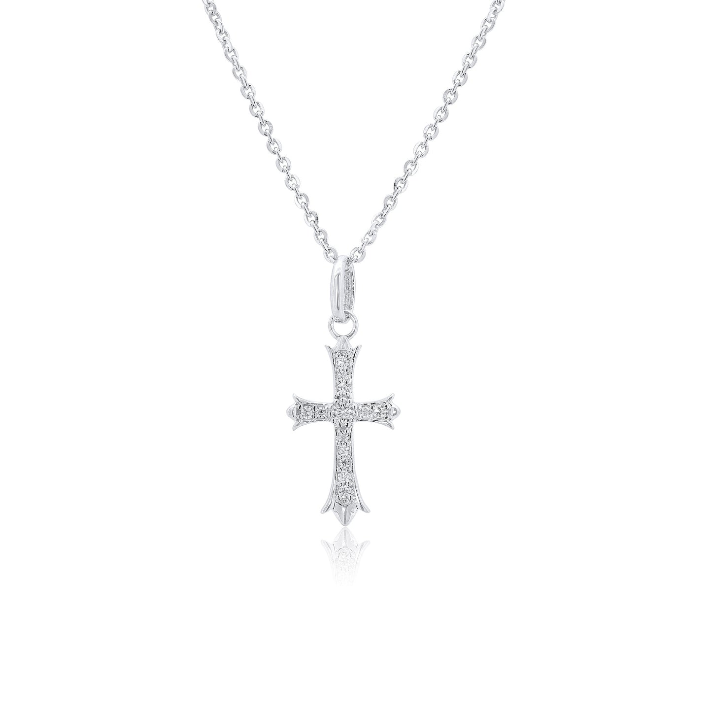 Rhodium Plated 925 Sterling Silver Moissanite Encrusted Fleur-De-Lis Cross 11mm x 18mm Pendant - MGMP00003